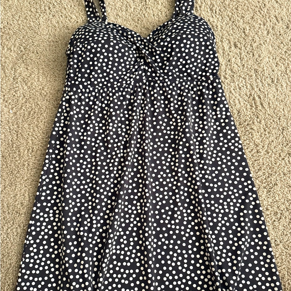Lands' End Women's UPF 50 Tummy Control Polka Dot Surplice Swim Dress